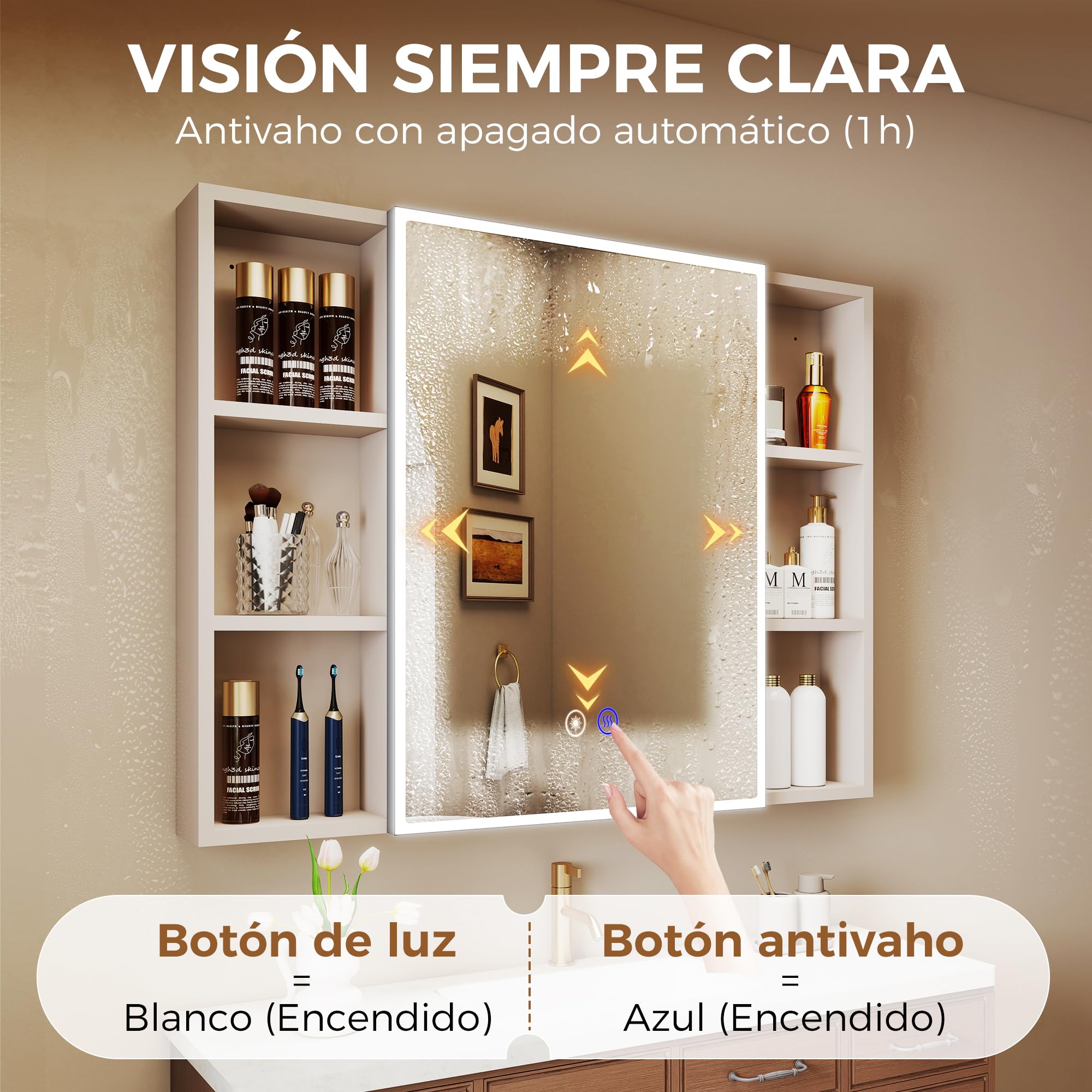 S'bagno Armario con espejo para baño con iluminación, 90 x 70 cm, armario con espejo para cuarto de baño, armario empotrado de aluminio, 3 colores, regulable, función de memoria, vidrio templado HD