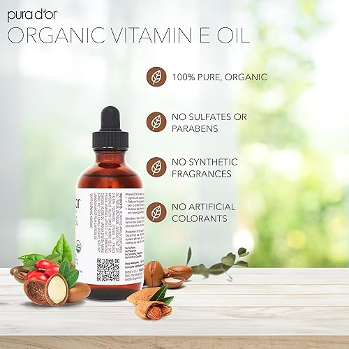 Miniatura 4 de PURA DOR Aceite orgánico de vitamina E 4 onzas  40fl oz 70000 UI 100 puro natural USDA orgánico para la piel de la cara sin hexano con almendras