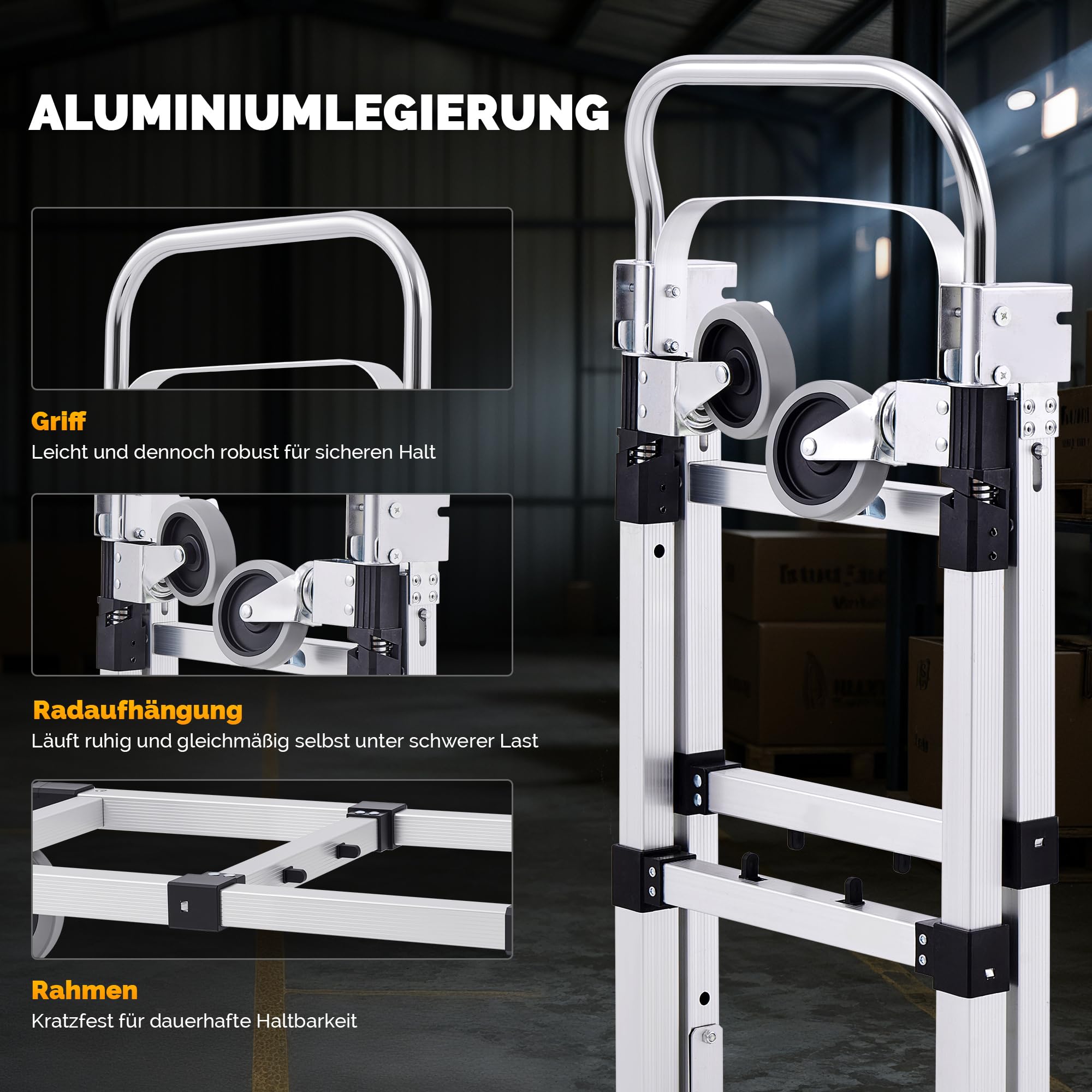 CREWORKS 2-in-1 Sackkarre Klappbar Aluminium Transportkarre Höhenverstellbar Plattformwagen mit Feststellbaren Schwenkrädern, 2 Gurten Tragkraft 270kg Handwagen Leicht Transportwagen für Transporte