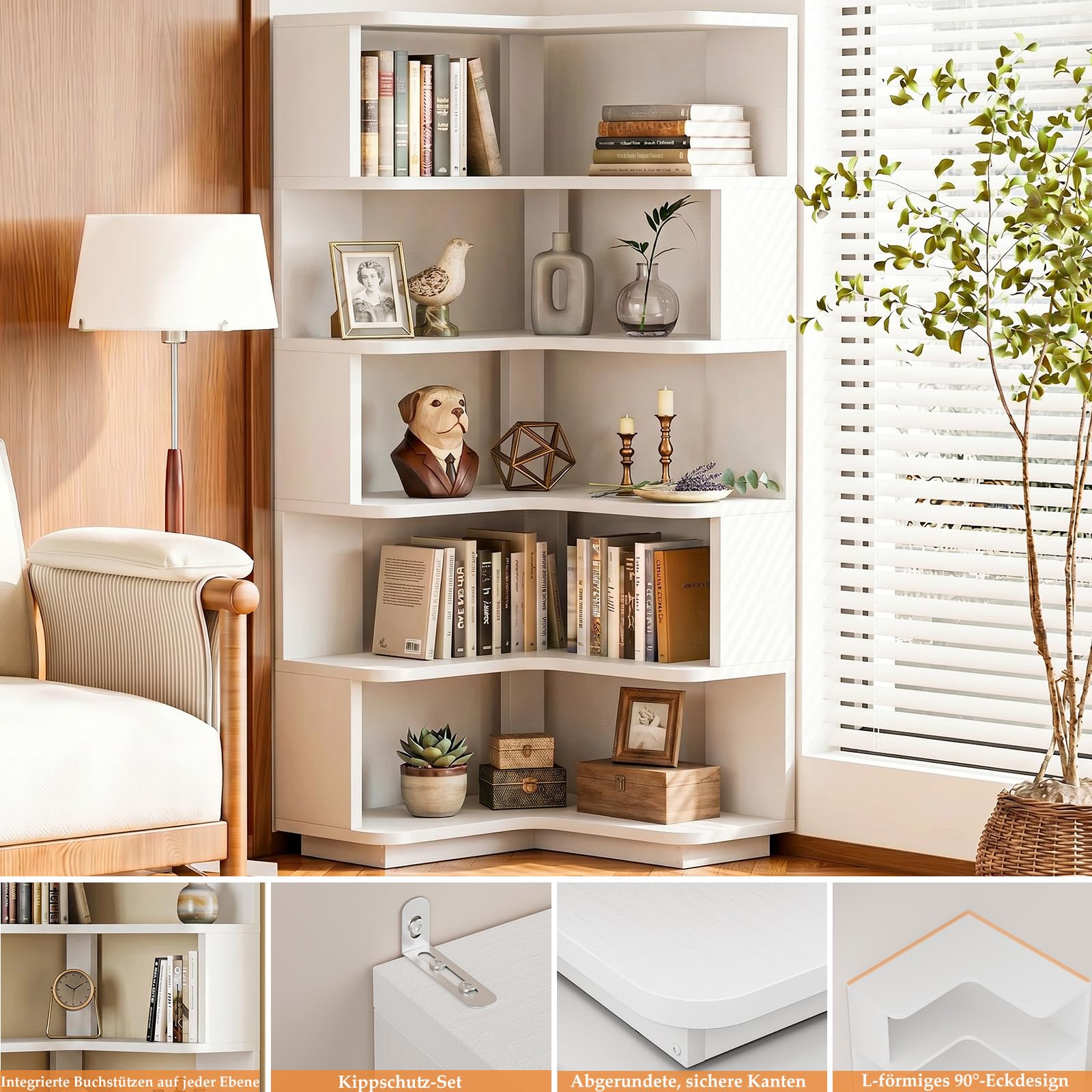 Homieasy Eckregal 5 Ebenen, L-förmiges Bücherregal,Weiß