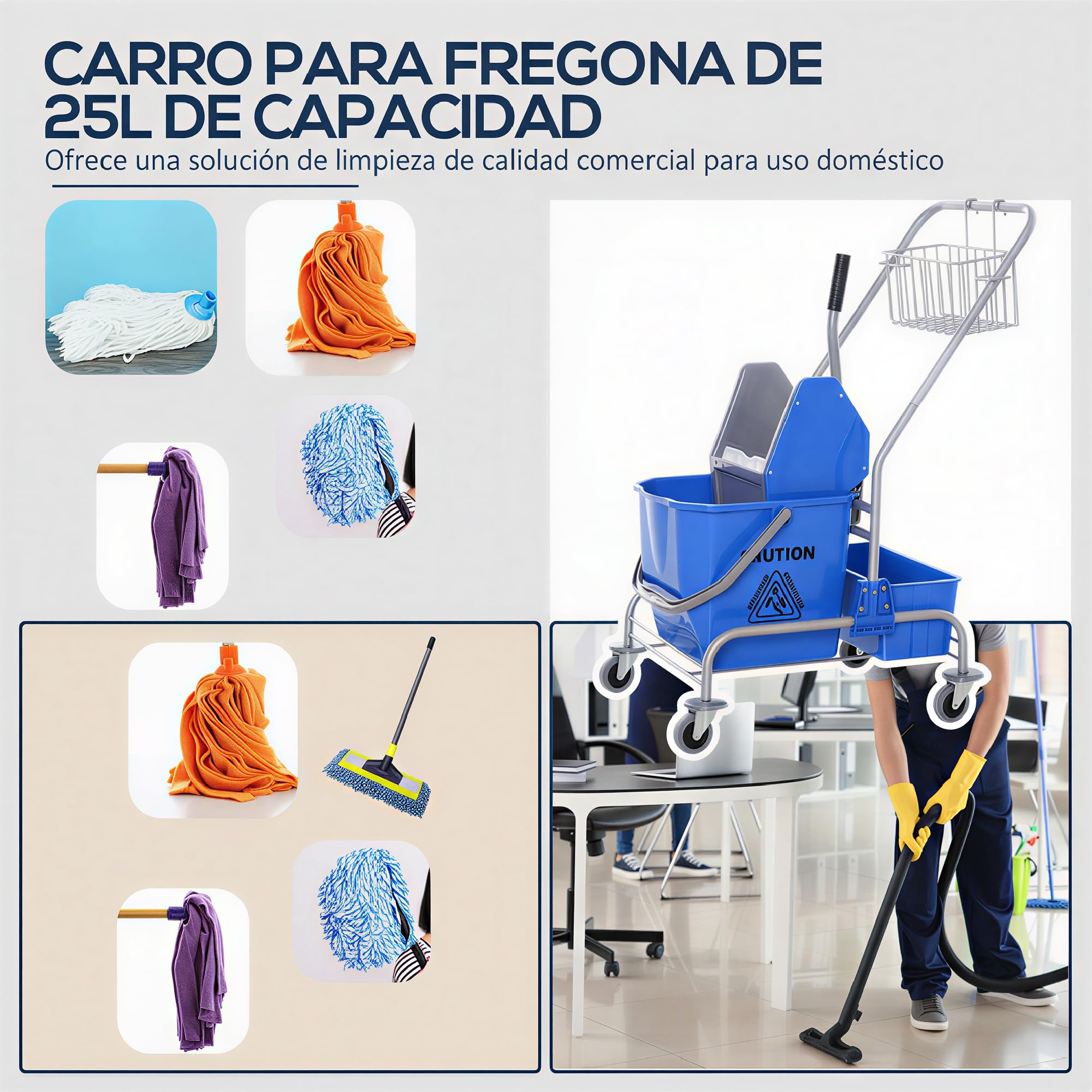 HOMCOM Carrello per la pulizia del carrello di servizio con secchi di mocio da 25 l, scolapiatti e ripiani per hotel ufficio, 72 x 49,5 x 95 cm, blu