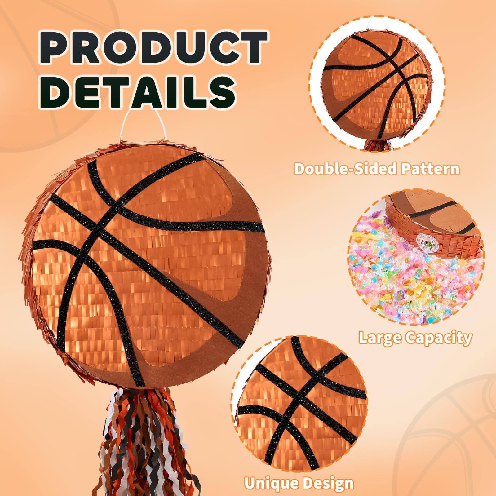 WERNNSAI Piñata de baloncesto – Piñata de baloncesto para decoración de cumpleaños de niños, deporte, pelota de baloncesto, piñata con palo, venda para los ojos, deportista, decoración para fiesta de