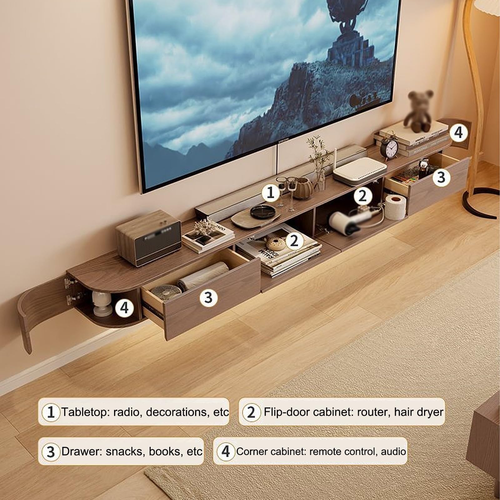 Generisch Wisząca podstawka pod telewizor LED, montowana na ścianie konsola medialna, lite drewno z 2 szufladami, duża przestrzeń do przechowywania do salonu, nowoczesny design (czarny, 200 cm)