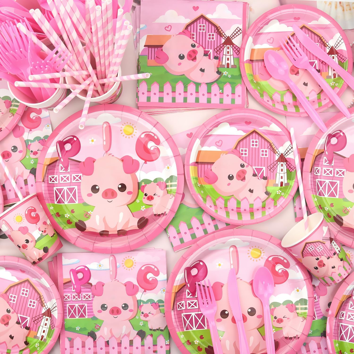 Pig Birthday Party Decorations - Pink Pig Party Supplies including Banner, Plate, Cake Topper, Cup, Napkin, Balloon, Tablecloth for Pig Party Decoration - Serves 20