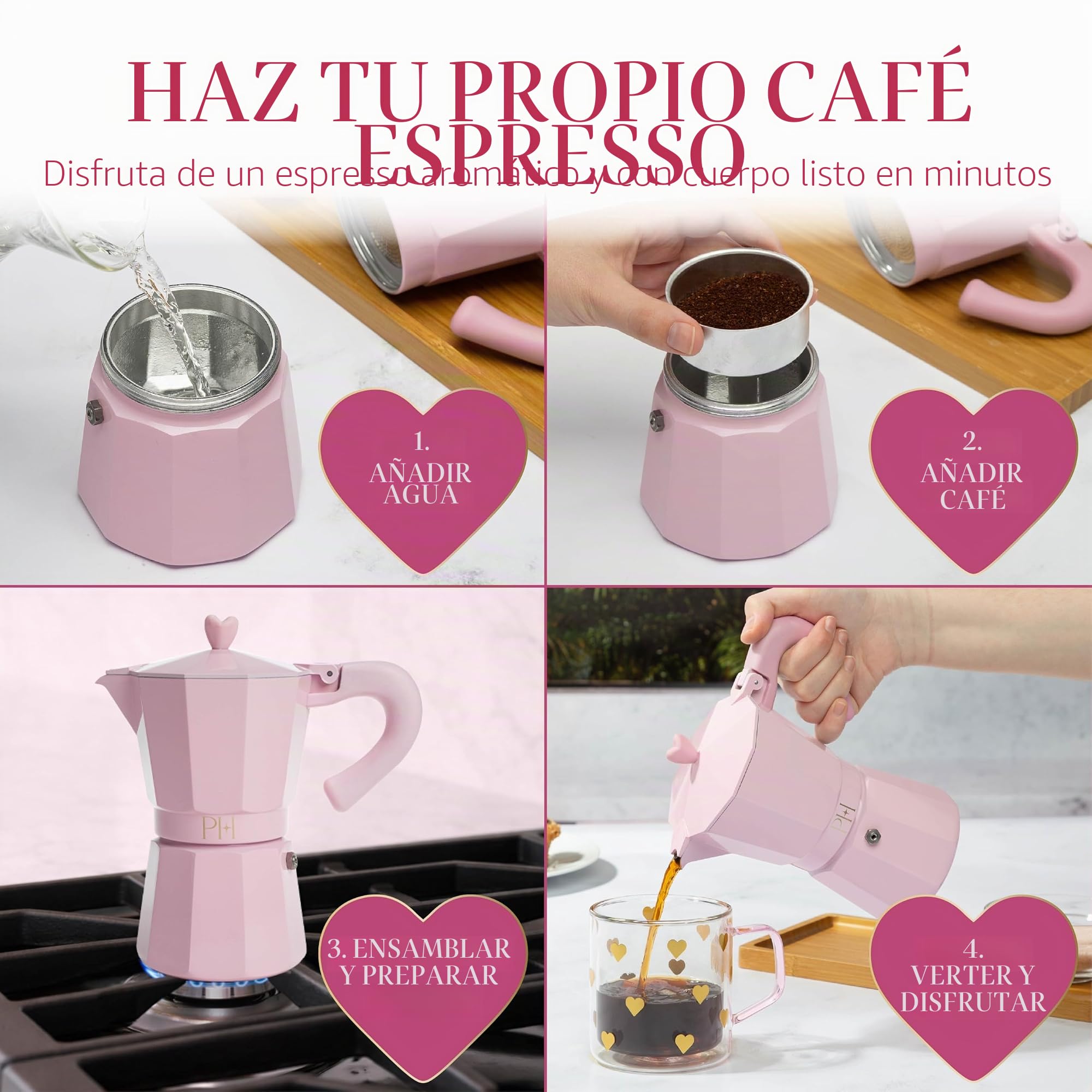 Paris Hilton Cafetera espresso y cafetera estilo italiano y cubano con perilla icónica de corazón, perfecta para expreso aromático rico, hace hasta 6 tazas de espresso, color rosa