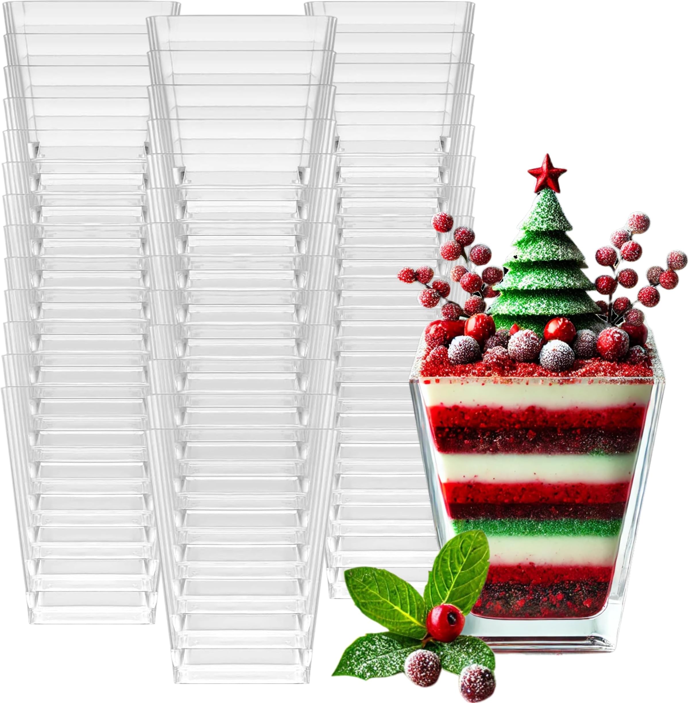 Killer's Instinct Outdoors 50 Plastic Party Cups for Dessert 5.4 oz Serve Tiramisu Parfait Dip Sundaes Single Serve Desserts and More Clear Plastic Tumbler Glasses Mini Appetizer Dish or Square Bowl