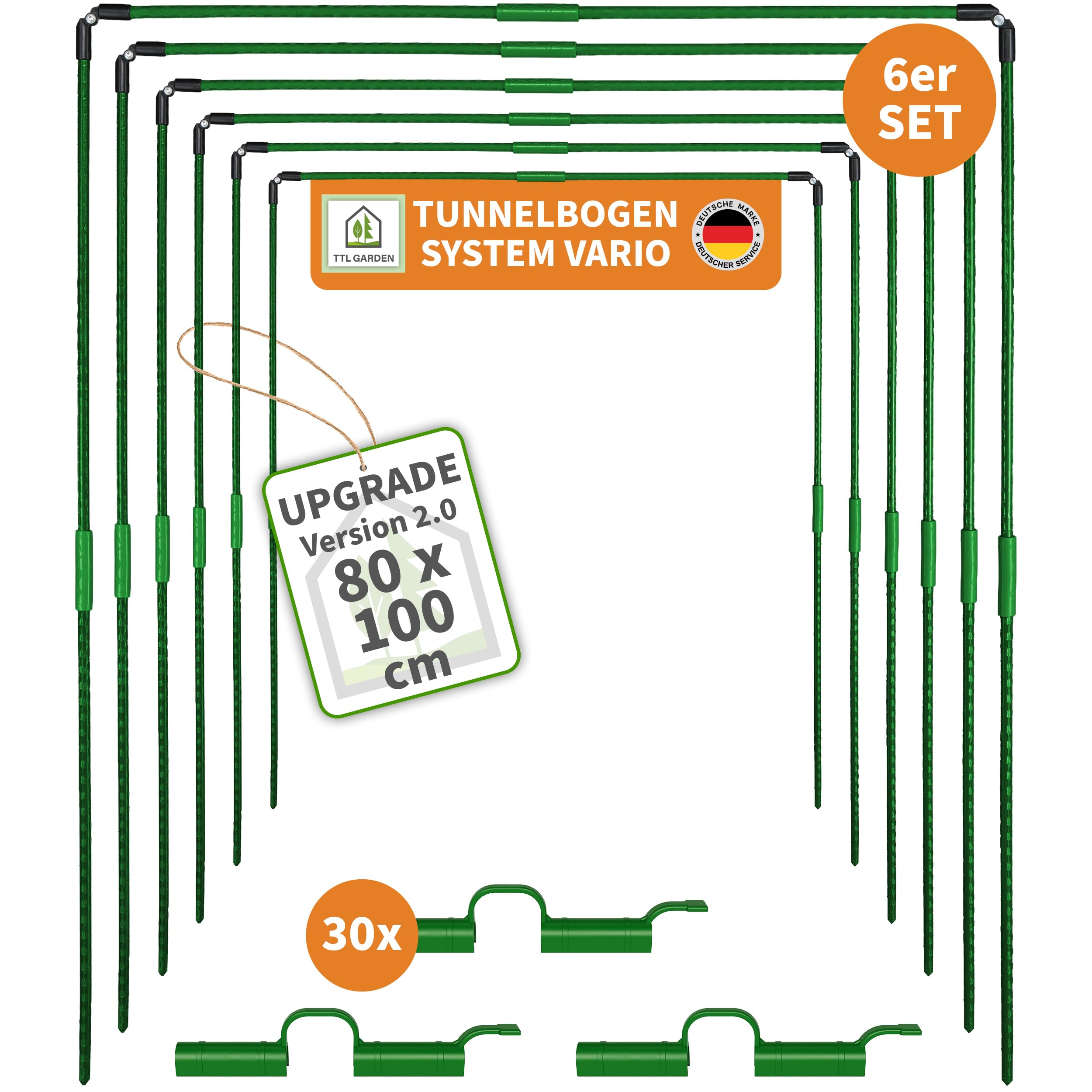 TTL GARDEN Vario 80 6xTunnelbogen System - 6er Set Folientunnel Bögen B 80 x H 100 cm zur Beetabdeckung - 4 mögliche Größen - rostfreie Stahl Tunnelbögen kunststoffbeschichtet - mit 30 Halteclips
