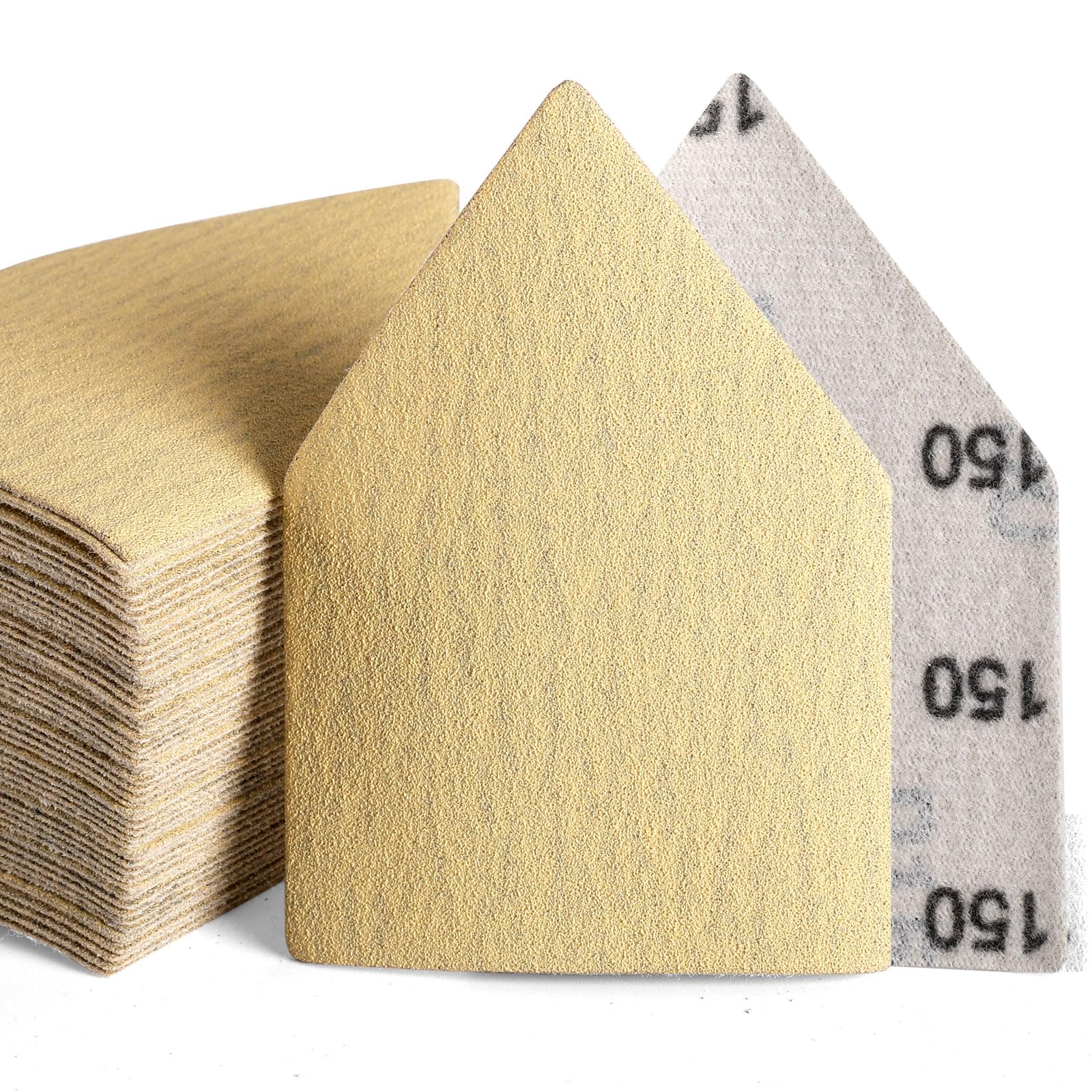 POLIWELL 50PCS 90mm x 65mm Triangle Sanding Sheets Hook & Loop 150 Grit Replace Milwaukee M12 Orbital Detail Sander, Alumina Abrasive Sand Paper for Wood Finishing, Detail Sanding