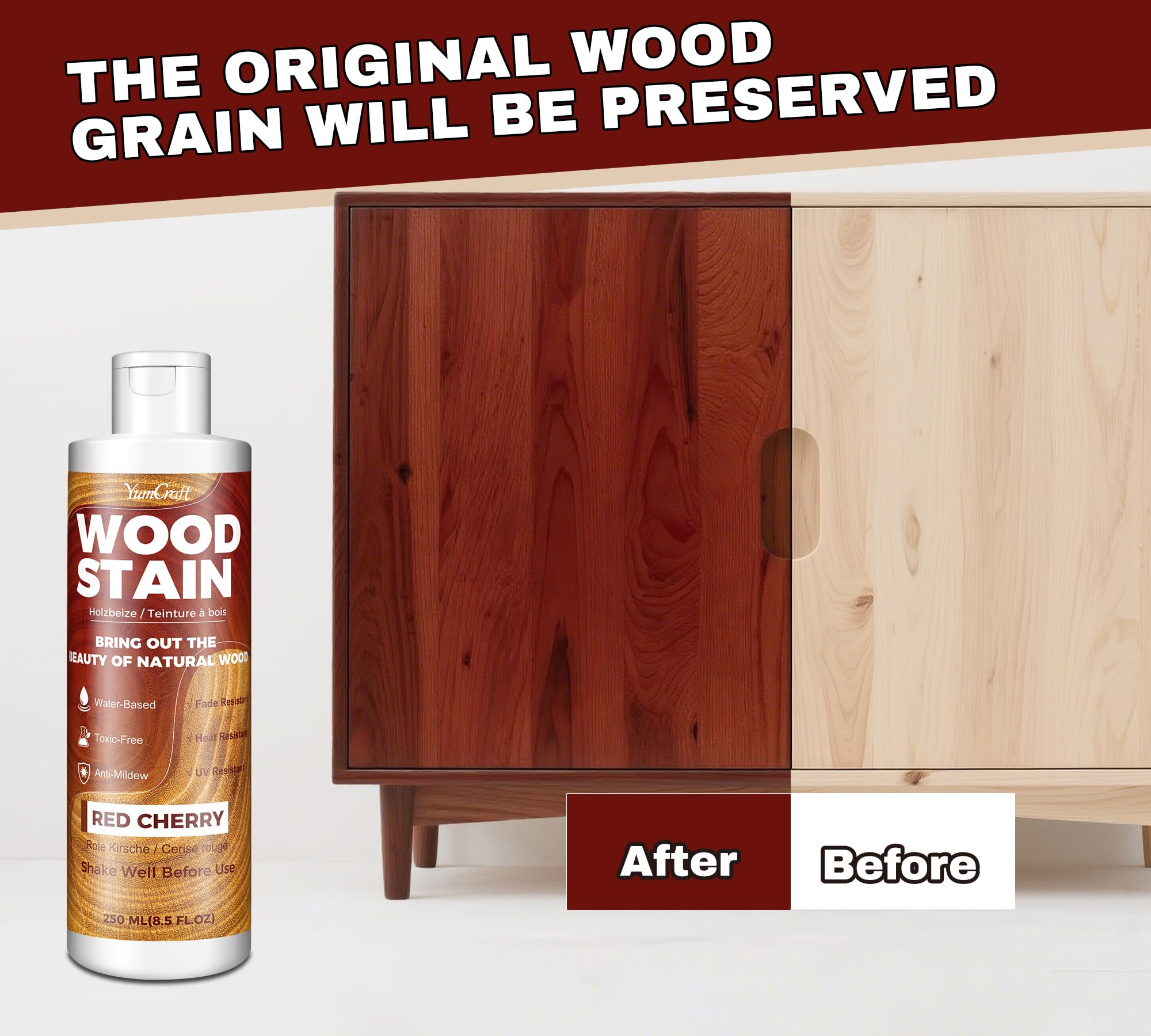 Tinte Para Madera 250ml Cerezo Rojo, Barniz para Madera a Base de Agua, para Muebles Interior Exterior, Armarios, Gabinetes, Estantes y Puertas, Secado Rápido, Bajo Olor y No Tóxico