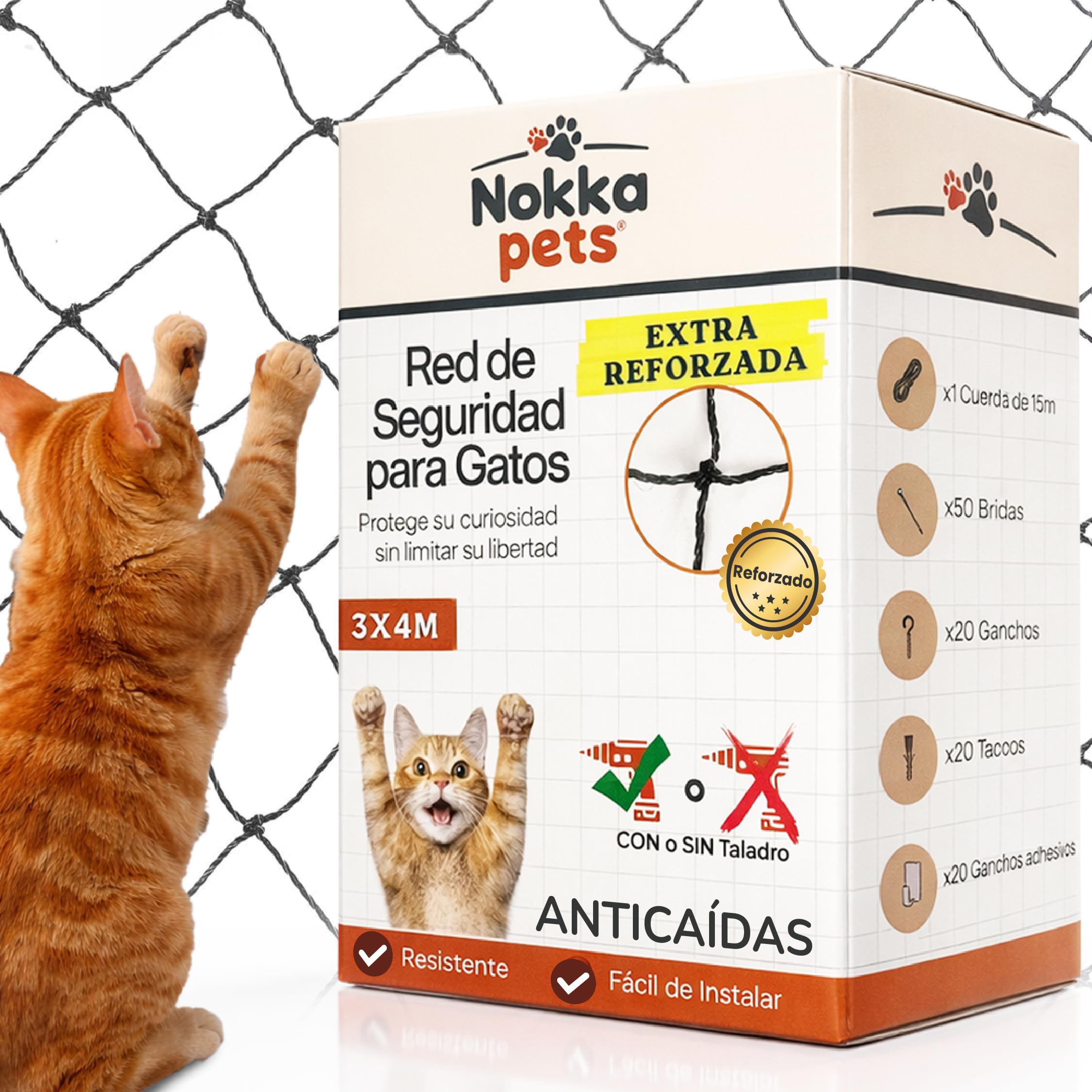 Red Gatos Terraza 4x3m - Reforzada con Alambre – Kit de Instalación Incluido – Máxima Seguridad Anticaídas para Balcón, Terraza y Ventanas – Red para Gatos UV Resistente Gatos Curiosos