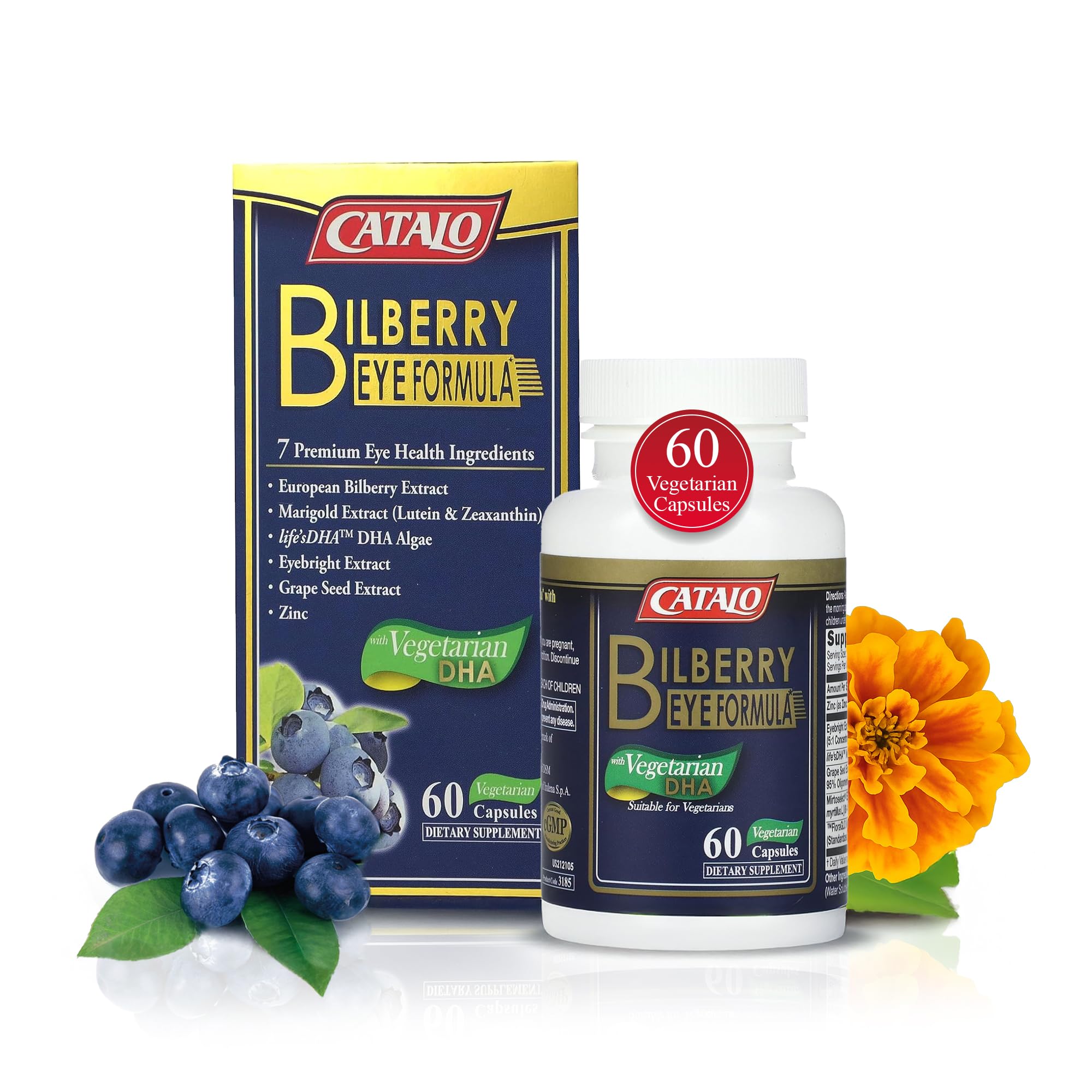 CATALO Bilberry Eye Formula with Vegetarian DHA - Eye Care Supplement Featuring Mirtoselect Bilberry Extract, DHA from Algae, Lutein, Zeaxanthin, Grape Seed Extract, and Zinc - 60 Vegetarian Capsules