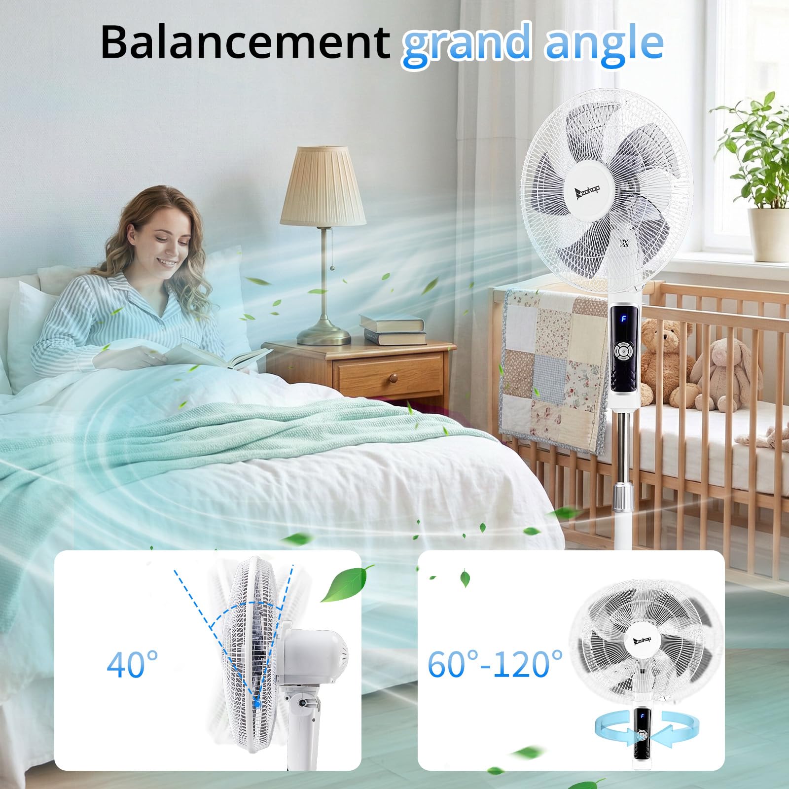 LEADZM Ventilateur pied 40cm 65W blanc hauteur 117-134cm | 5 pales double couche inclinable 3 modes minuterie intégrée