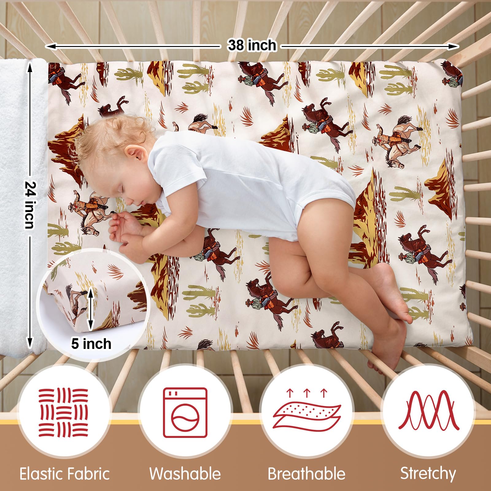 Mindsoft 2 Pcs Western Cowboy Crib Sheet Set 24 in. x 38 in Mini Portable Crib Sheet Newborn Bedding Nursery Baby Sheets for Girl Boys Baby Gifts Breathable Only for Pack and Play