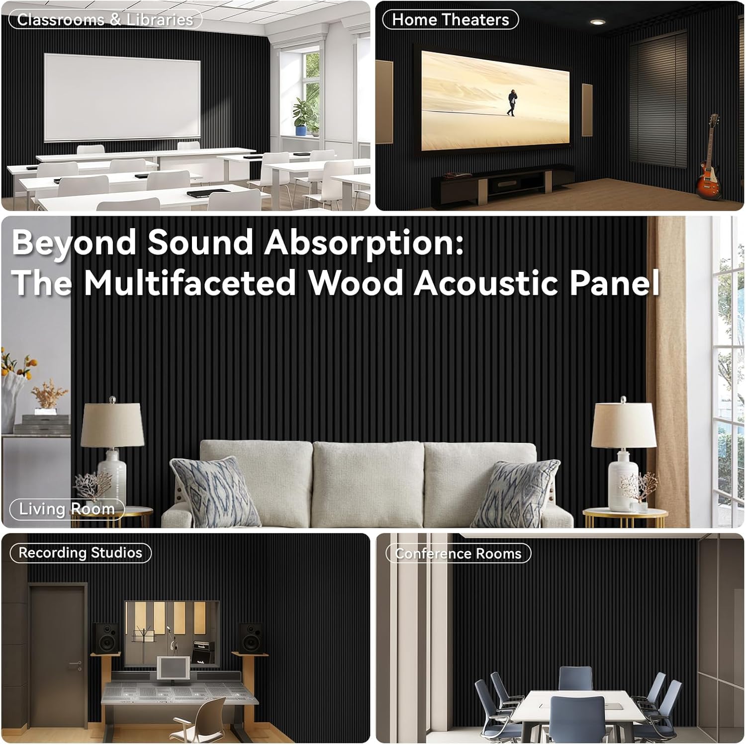 AKK-Stave Acoustic Wood Slat Wall Panels, 47.2" X 23.6" X 0.7" 15.5ft² Sound Absorbing Acoustic Panels for Walls –Wall Panels for Stylish Interiors (22# Black, 2pack -47.2x23.6in)