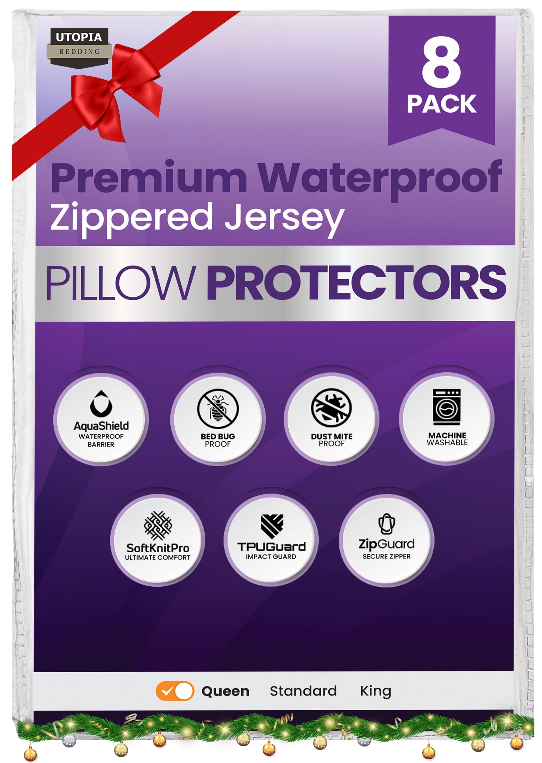 Utopia Bedding 8 Pack Waterproof Pillow Protectors with Zipper Queen Size (White), Bed Bug and Dust Mite Proof Pillow case Covers, Moisture Wicking Pillow Encasements 20 x 28 Inches