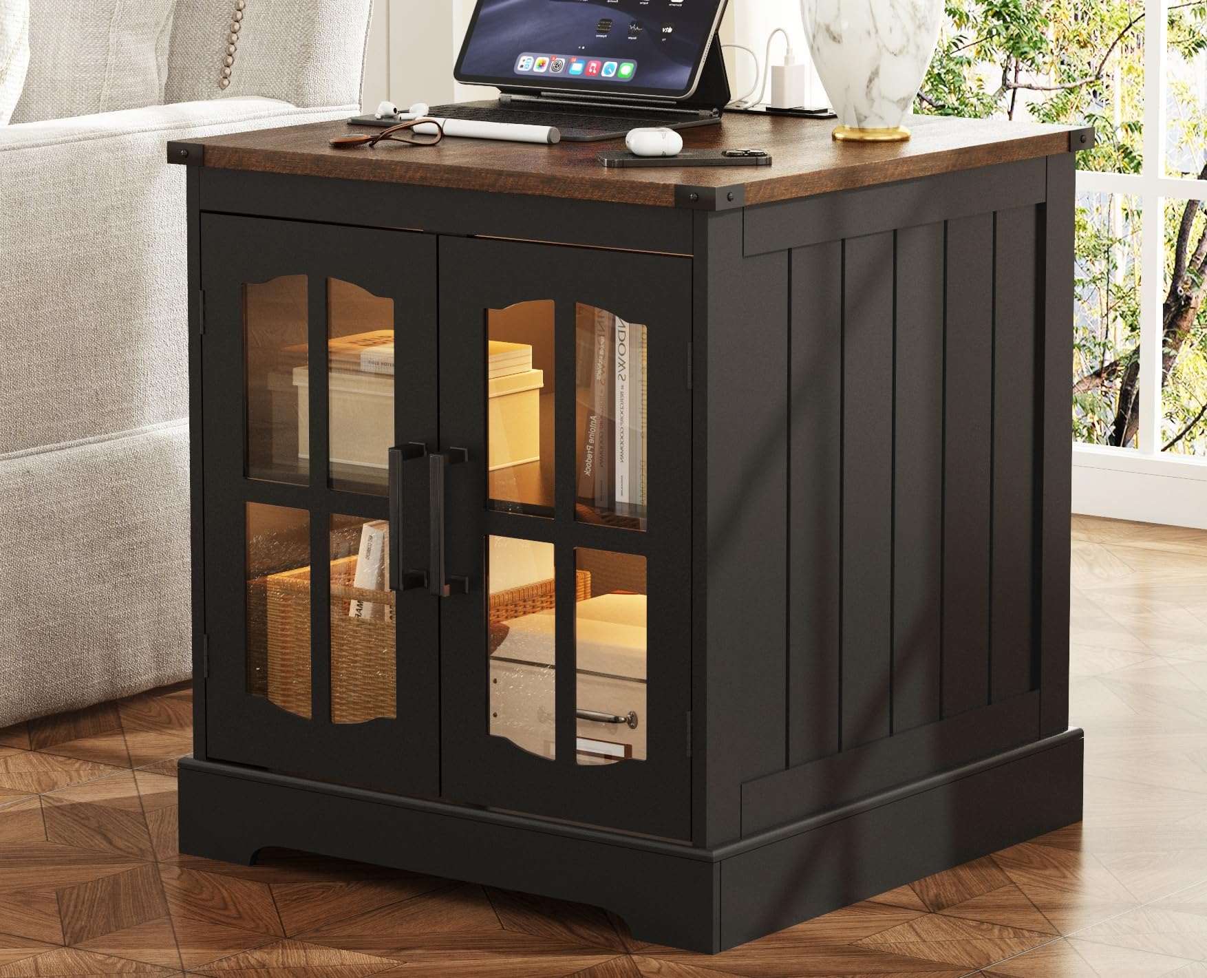 ChooChoo Rustic End Table, 24" Large Sofa Side Table with Charging Station & LED Light, Black Nightstand with Adjustable Storage Shelf, Square Bedside