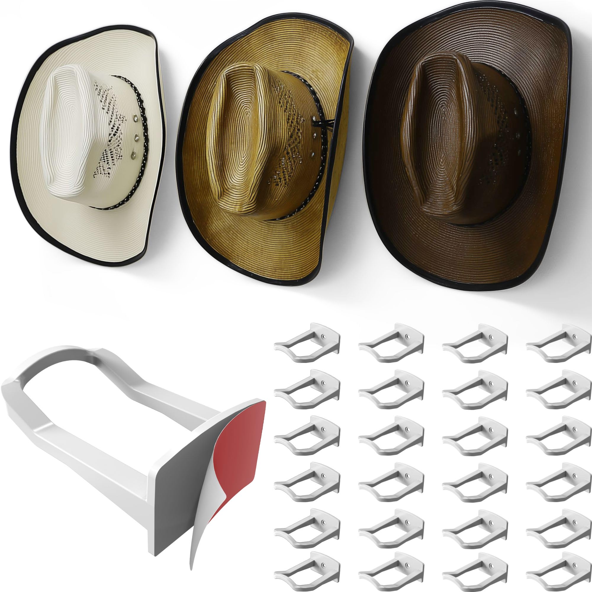 Modern JP Adhesive Cowboy Hat Hooks for Wall (24-Pack) – 3-Inch Wall Mount for Secure Hold, Wide Brim Hat Organizer, Western Room Decor – White