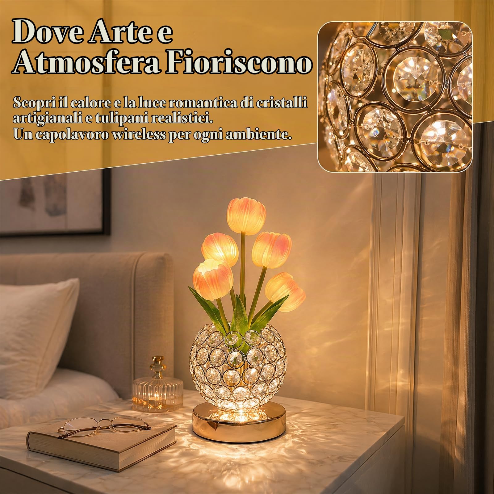 Lampada da Tavolo LED Con Tulipani, Lampada Con Fiori in Cristallo, Luce Notturna USB Ricaricabile, 3 Colori E Sfumature Infinite, Lampada Da Tavolo, Regalo Romantico per Donne