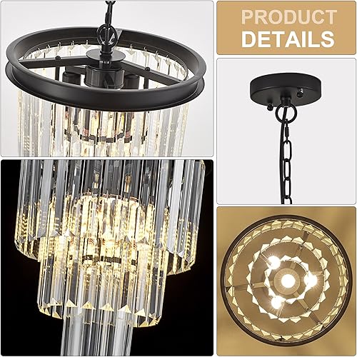 Miniatura 6 de Faibra Lámpara colgante de cristal negro de 11.8 pulgadas, 4 luces de 3 niveles de lujo, lámpara colgante de cristal perfecta para comedor,