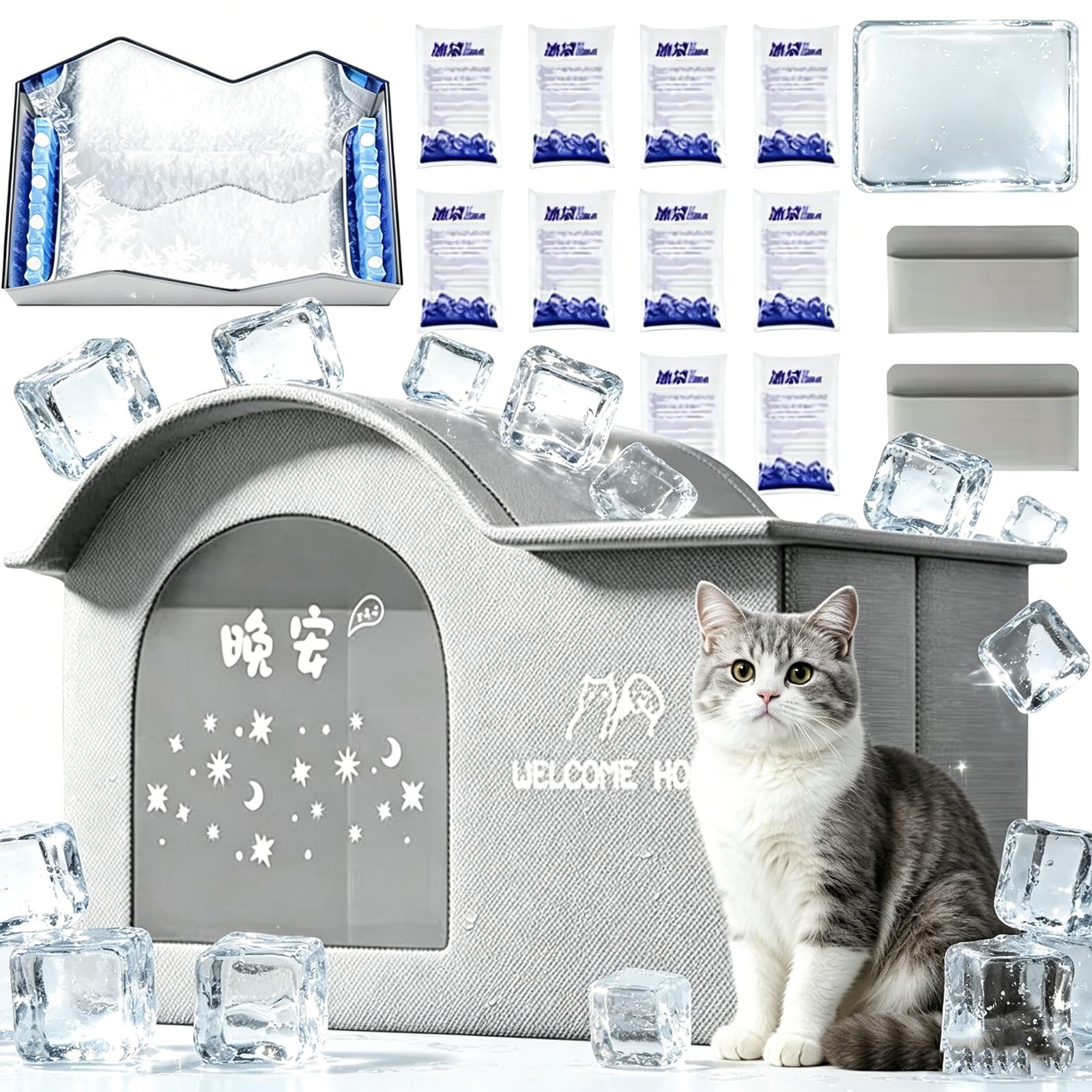 Maison Rafraîchissante Chat – Cabane de Refroidissement avec Poches de Glace, Niche Respirante Anti-Fuite et Barrière Thermique, Rafraîchisseur Idéal pour Intérieur, Balcon et Terrasse (L)