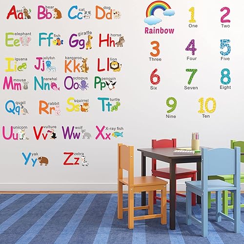 Miniatura 4 de 6 hojas de calcomanías de pared del alfabeto para el aula, números de color, aprendizaje de clima, calcomanías de pared educativas para niños,