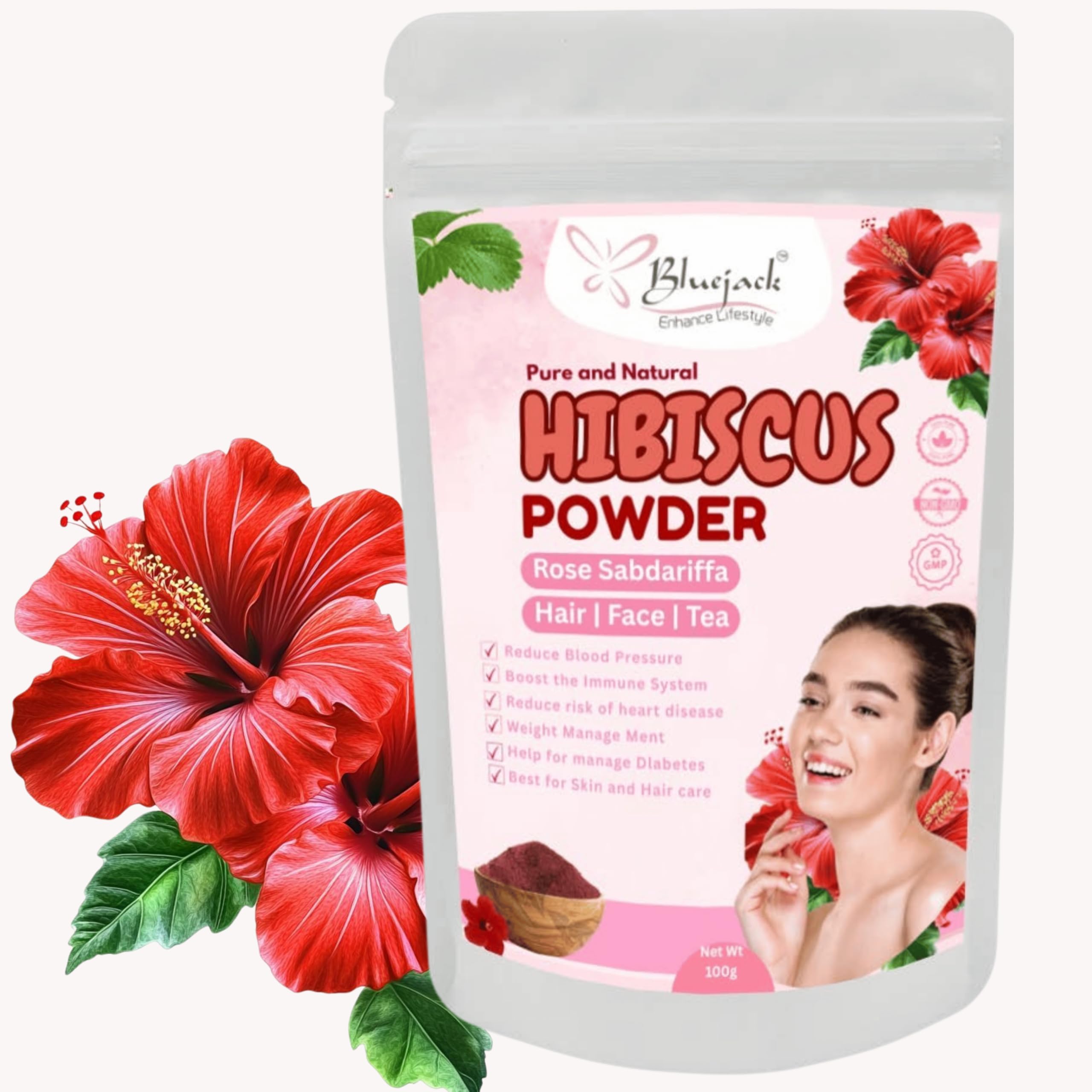 Bluejack Pure and Natural Hibiscus Powder for Hair, Face and Tea, Rose Sabdariffa, 100g, Helps Manage Diabetes and Blood Pressure