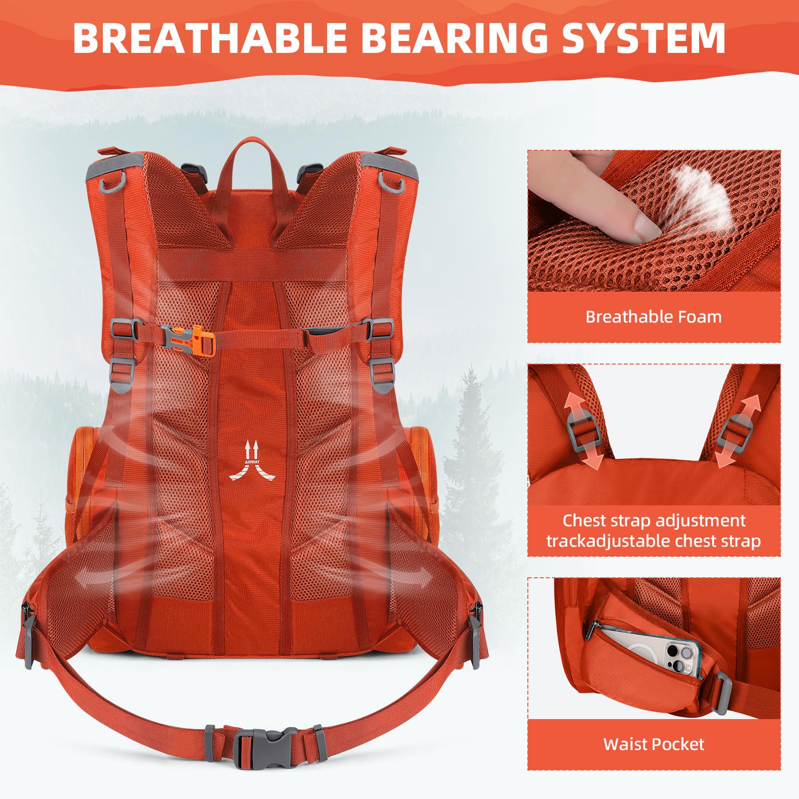 Maelstrom Hiking Rucksack 40L, Wasserdichter Wanderrucksack für Herren & Damen, Leichtgewichtiger Trekkingrucksack mit Regenschutz, Outdoor Rucksack für Camping, Wandern & Reisen - Orange | Regenschutz, hydratisierfähig, Stativgurte, Lastkompression, Über