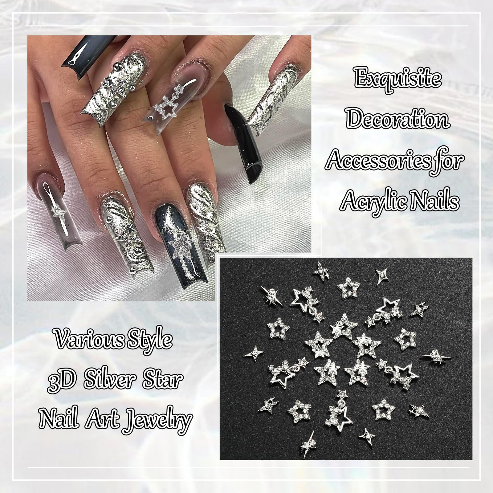 30 pièces de charmes à ongles en forme d'étoile, argent brillant, étoiles 3D, pierres à ongles, bijou d'ongle lumière d'étoile, charmes Y2K pour ongles en acrylique, décoration, scintillants