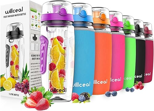 Miniatura 1 de willceal Botella de agua con infusor de frutas de 32 onzas, duradera, grande - Tritan sin BPA, tapa abatible, diseño a prueba de fugas, deportes,