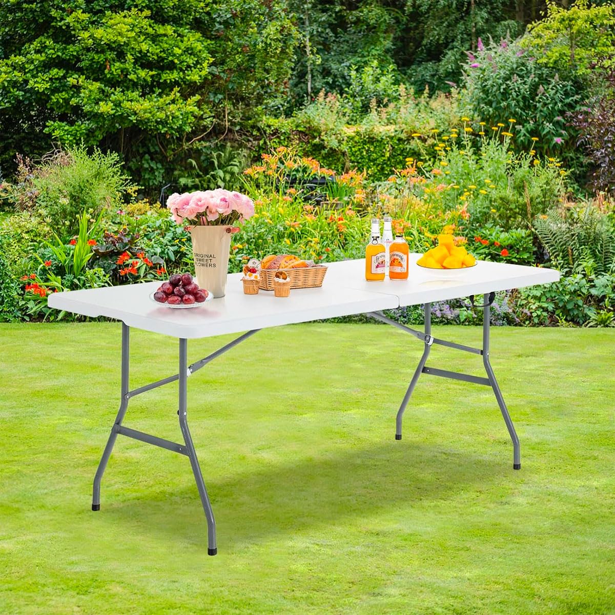 Nyana Home - Mesa Plegable Resina Reforzada Portátil y Segura | Ideal para Camping, Jardín y Eventos | Estructura de Acero y Pies Antideslizantes | Carga hasta 150kg (150x70x74 cm)