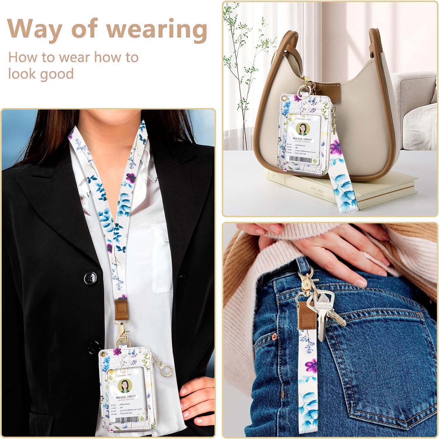 bolimoss 2-in-1 ID Badge Holder & Lanyard Wallet for Womens Cute Floral Zipper Wallet with Removable Wrist & Neck Lanyard - Image 3