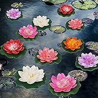 HappyTrees 12pcs Lifelike Artificial Floating Foam Lotus Flowers with Lily Pads - Pond Aquarium Garden Decor