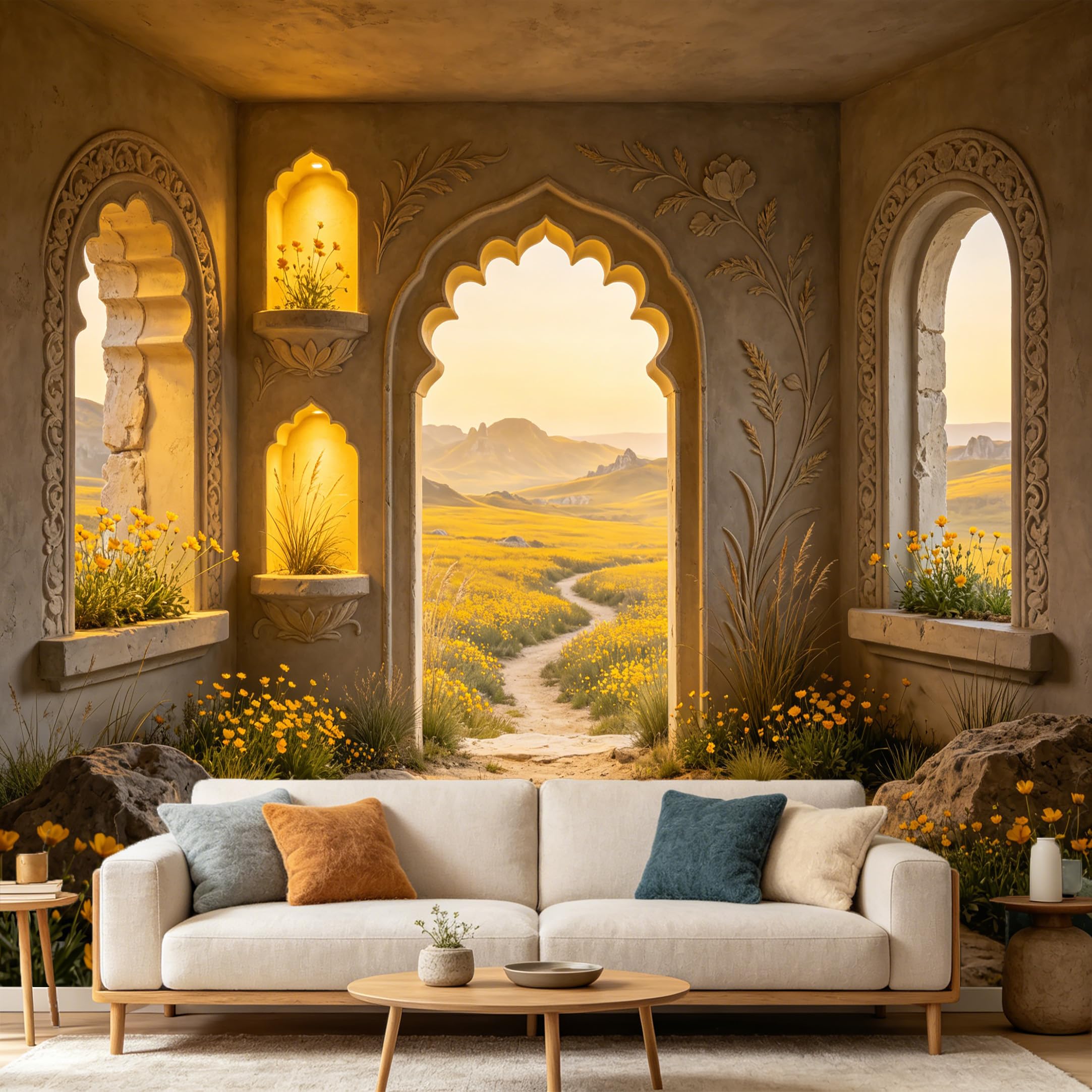 Custom Size Wall Mural， Mediterranean Stone Archway Golden Meadow Landscape， SelfAdhesive Art Prints wall Fabric Removable Large Wallpaper Home Living Room Decor