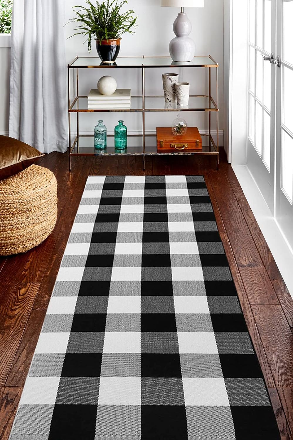 Winwinplus Buffalo Check Area Rug, Plaid Runner Rug Cotton Hand-Woven Machine Washable Checkered Runner Rug, Black and White Floor Rugs for Kitchen/Bathroom/Bedroom, 2 ' x 6 '