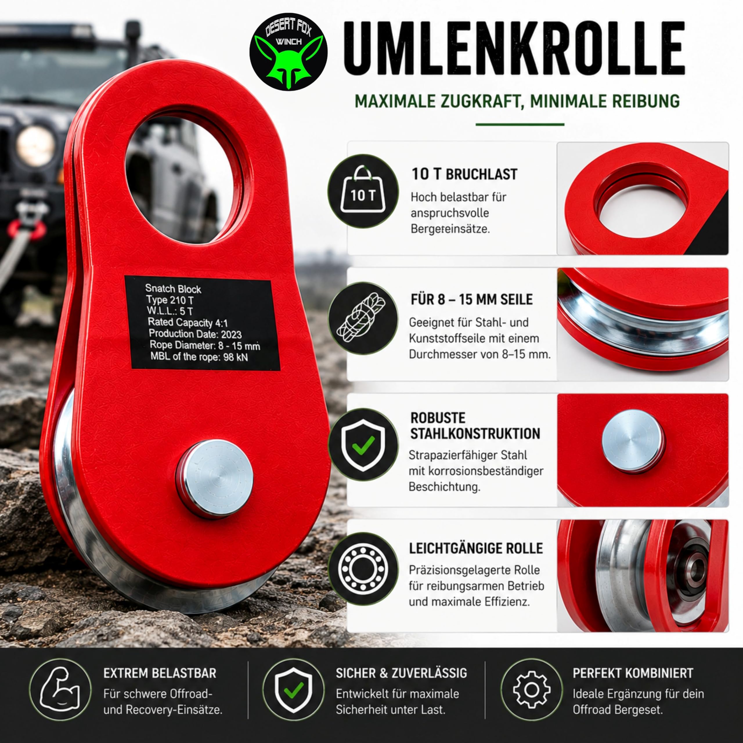 Umlenkrolle 10 t Bruchlast – Für Stahl- & Kunststoffseile bis 15 mm – Seilrolle für Seilwinden, Offroad, Forst & Recovery – Robuste Umlenkung für kontrollierte Bergungen