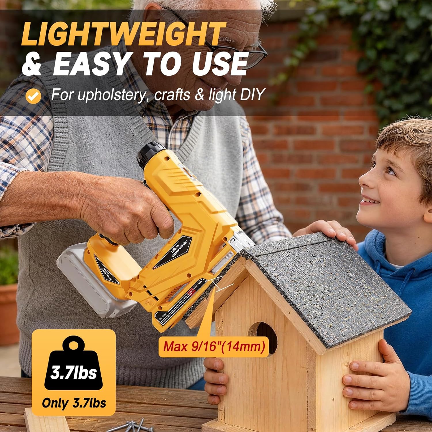 3/8” Electric Staple Gun for De-Walt 20V Battery, T50 Crown Stapler 2-in-1 Brad Nailer & Electric Nail Gun, 1000 Nails and Staples(Max 14mm), Impact Force Adjustment, Stapler for DIY(Tool Only)