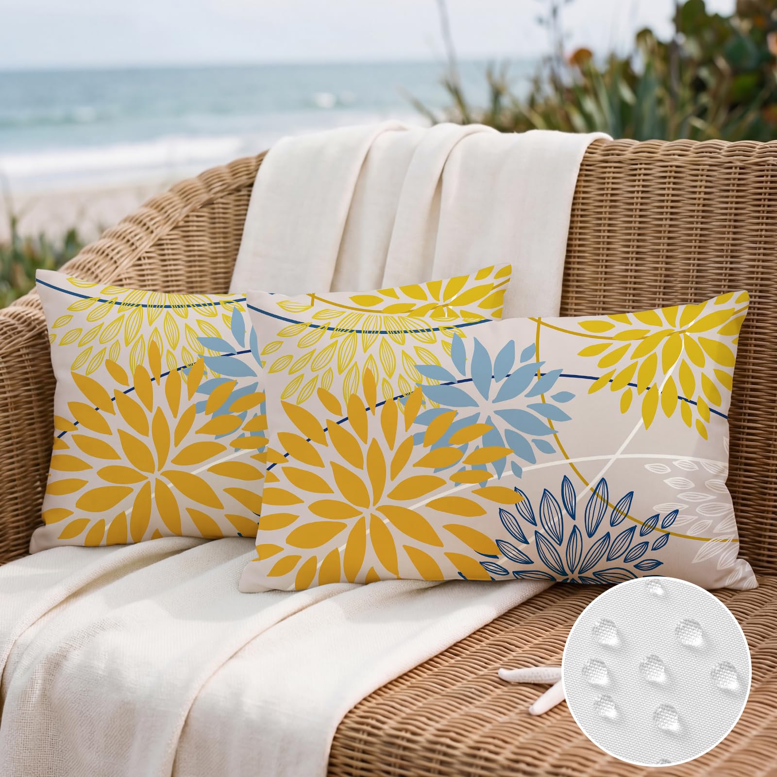 Artscope Outdoor Waterproof Yellow Blue Cushion Covers Geometric 30x50cm Set of 2 Dark Blue Dahlia Floral Pillowcases Outdoor Flowers Pillow Covers for Patio Garden Bench Sofa Farmhouse Decor
