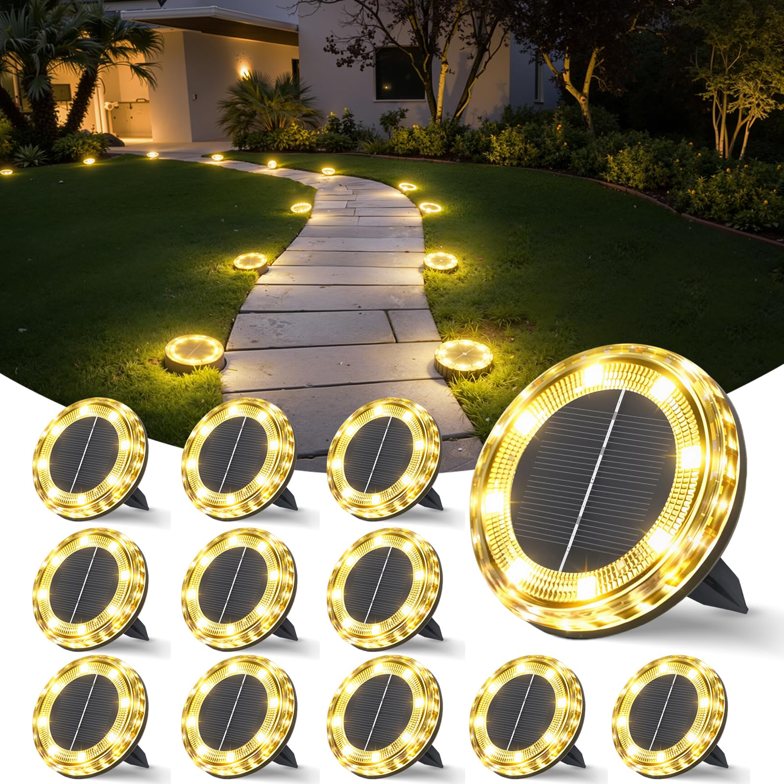 QIHANS 12 Stück Solar Bodenleuchten Aussen, 8 LED Gartenbeleuchtung Solar, IP65 Wasserdicht Solarleuchten Solarlampen für Garten Rasen Patio Gehweg Auffahrt, Warmweiß