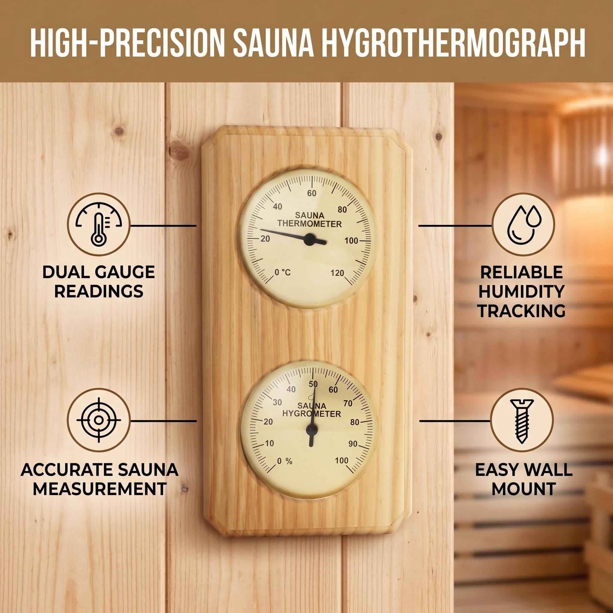 Termometr Sauna, Drewniany, Wysoka dokładność, Montowany na ścianie, od 0 do 100 Procent Wilgotności, od 0 do 120 Celsjusza Monitorowanie w Czasie Rzeczywistym, Drewno Sosny,