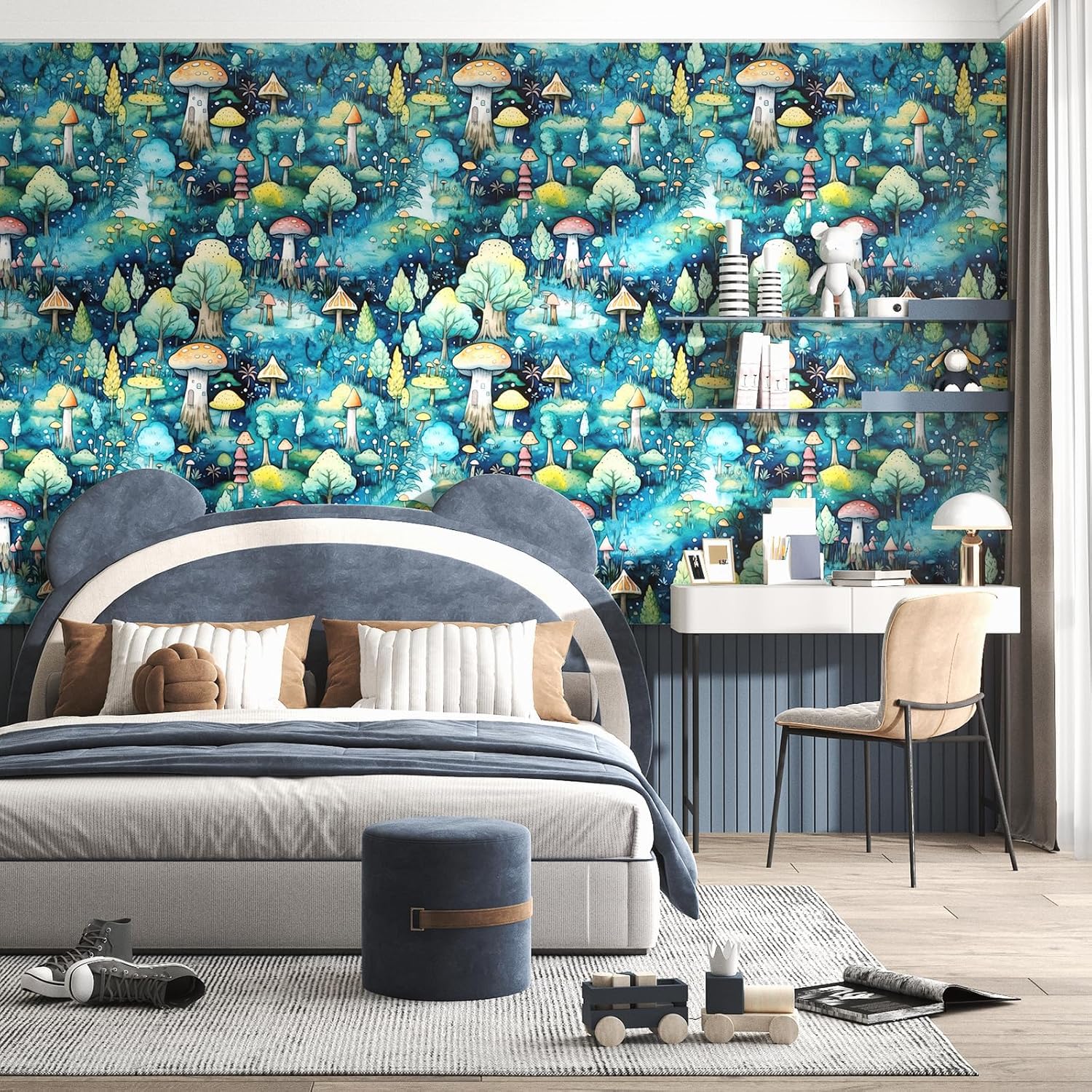 FunStick 44.5CMx9M Carta da Parati Adesiva Muro Bagno Foglie Verdi e Blu Carta da Parati Bambini Cameretta Soggiorno Funghi Foresta Impermeabile Pellicola per Armadio Adesiva Verde Blu Funghi Boemia