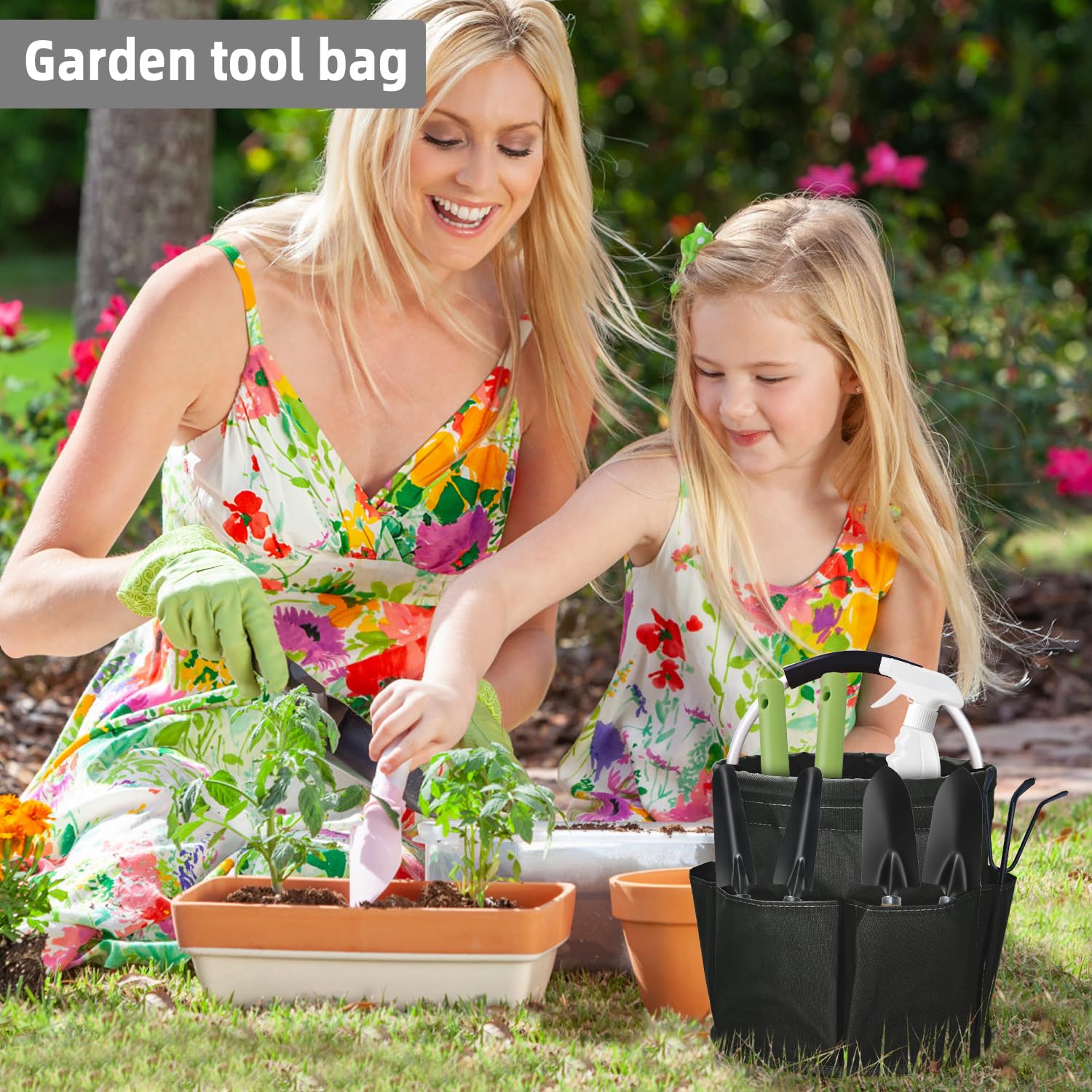 Cestino porta Attrezzi con 6 Tasche Esterne,Contenitore per Utensili per la Pulizia, Borsa per Attrezzi da Giardino Facile da Pulire e Trasportare(Nero)