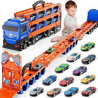 Doloowee Transport Truck Toy from 3 Years, Portable Transport Truck Toy Cars with 12 Mini Racing Cars, Car Transporter for Boys Aged 3 4 5 6 7 Years