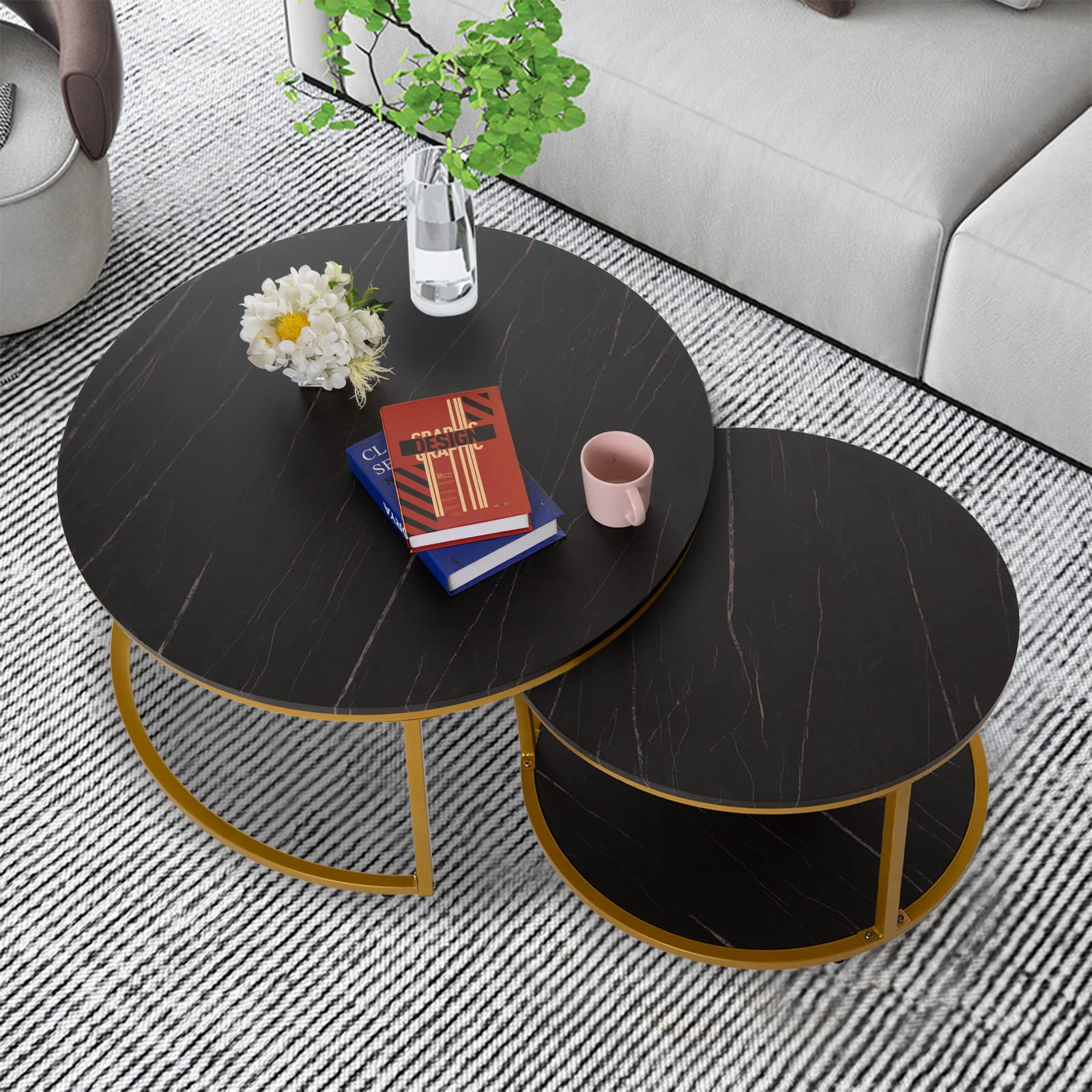 NSdirect Nesting Coffee Table Set of 2,Round Coffee Tables Modern Circle Table for Living Room Accent End Side Table with Storage Open Shelf Faux Marble Wood Top &amp; Gold Sturdy Metal Frame(Black&amp;Black)