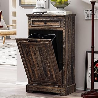 Spurgehom 13 Gallons Tilt Out Trash Can Cabinet Hidden Kitchen Waste Bins Free Standing Recycling Trash Cabinets with Drawer Pet Proof Trash Can for Kitchen and Living Room, Rustic Brown