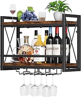 Homeiju Wall Mounted Wine Rack, Bottle & Glass Holder Wood-Metal Retro Wine Rack, Wine Bottles Display Wall Storage for Kitchen Dining Room Home Bar