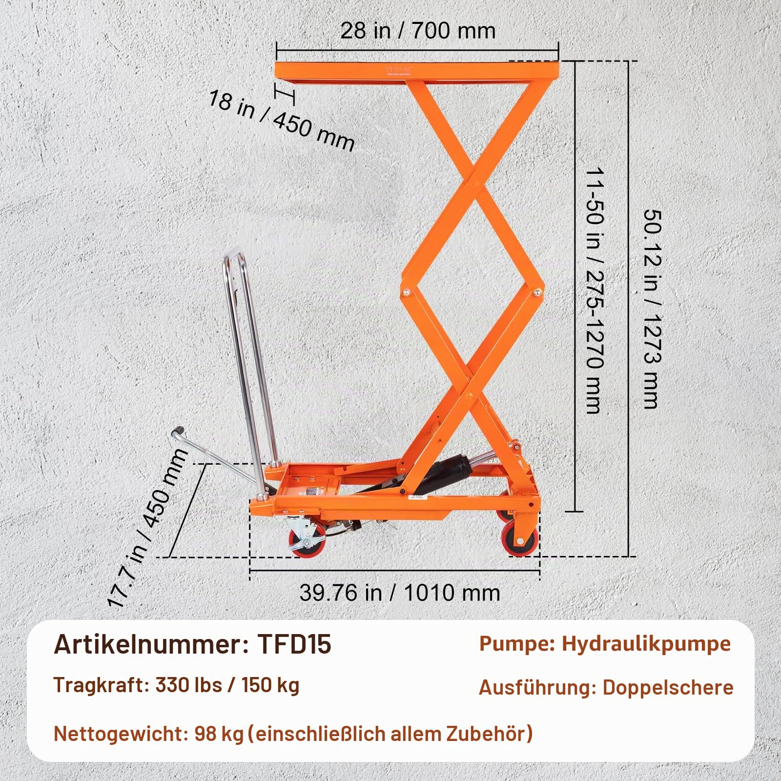 VEVOR TFD15 Hydraulischer Hubwagen Tischwagen, 330 Pfund Kapazität, 127 cm, mit 4 Rädern und rutschfestem Pad, für Materialhandhabung und Transport, Orange