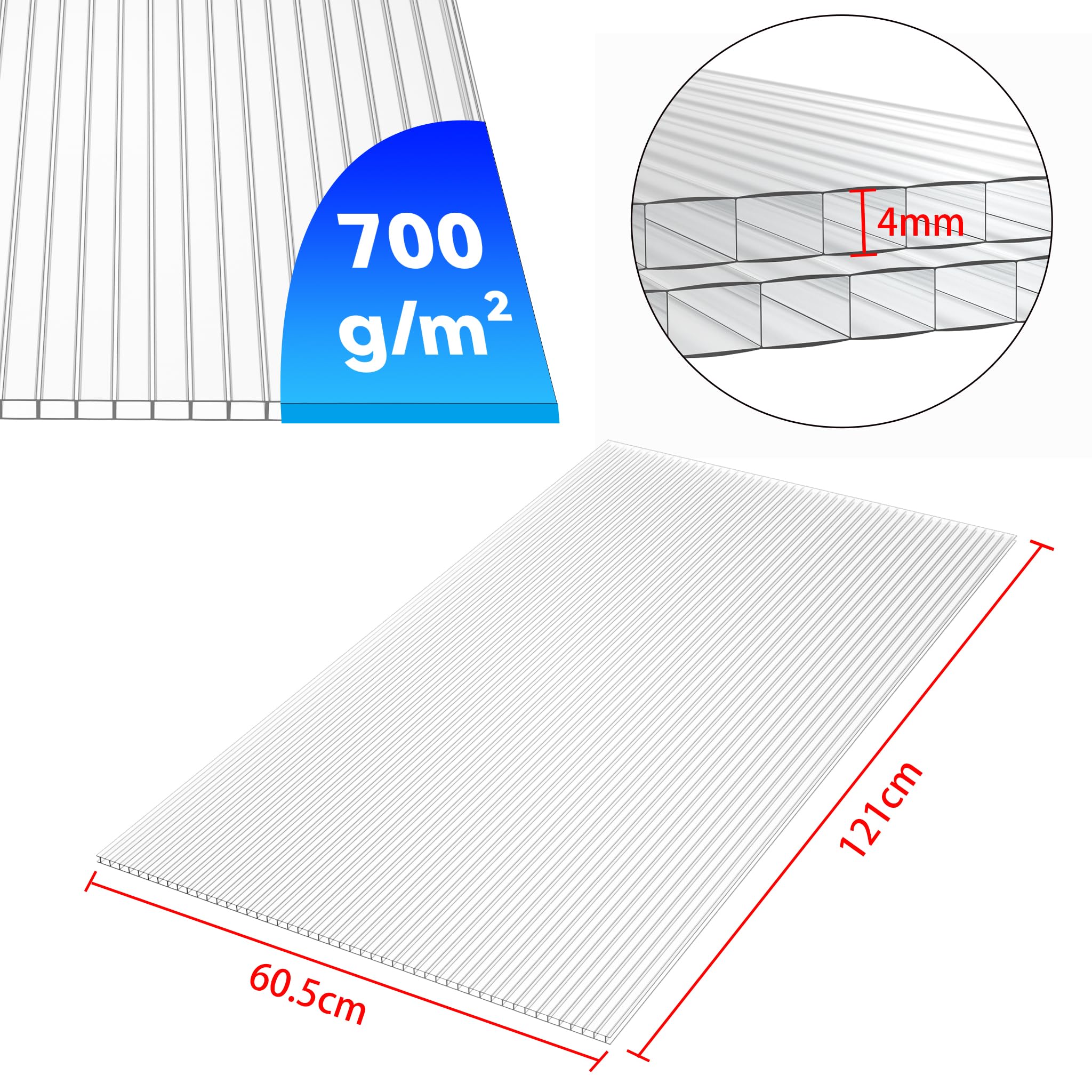 Froadp 4mm Strato del Policarbonato della Doppia Parete, 1210x605mm Spessore Set di Piastre a Nido d'ape, 14pcs Trasparente Pannello UV Resistente e Intemperie della Serra per Serra del giardino