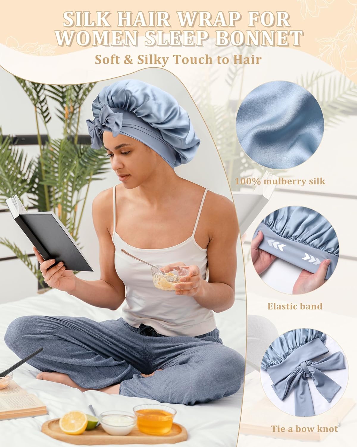 100% Mulberry Silk Bonnet for Women Hair Bonnet for Sleeping with Hair Scrunchy Elastic Tie Band Night Cap(Blue) - Image 6
