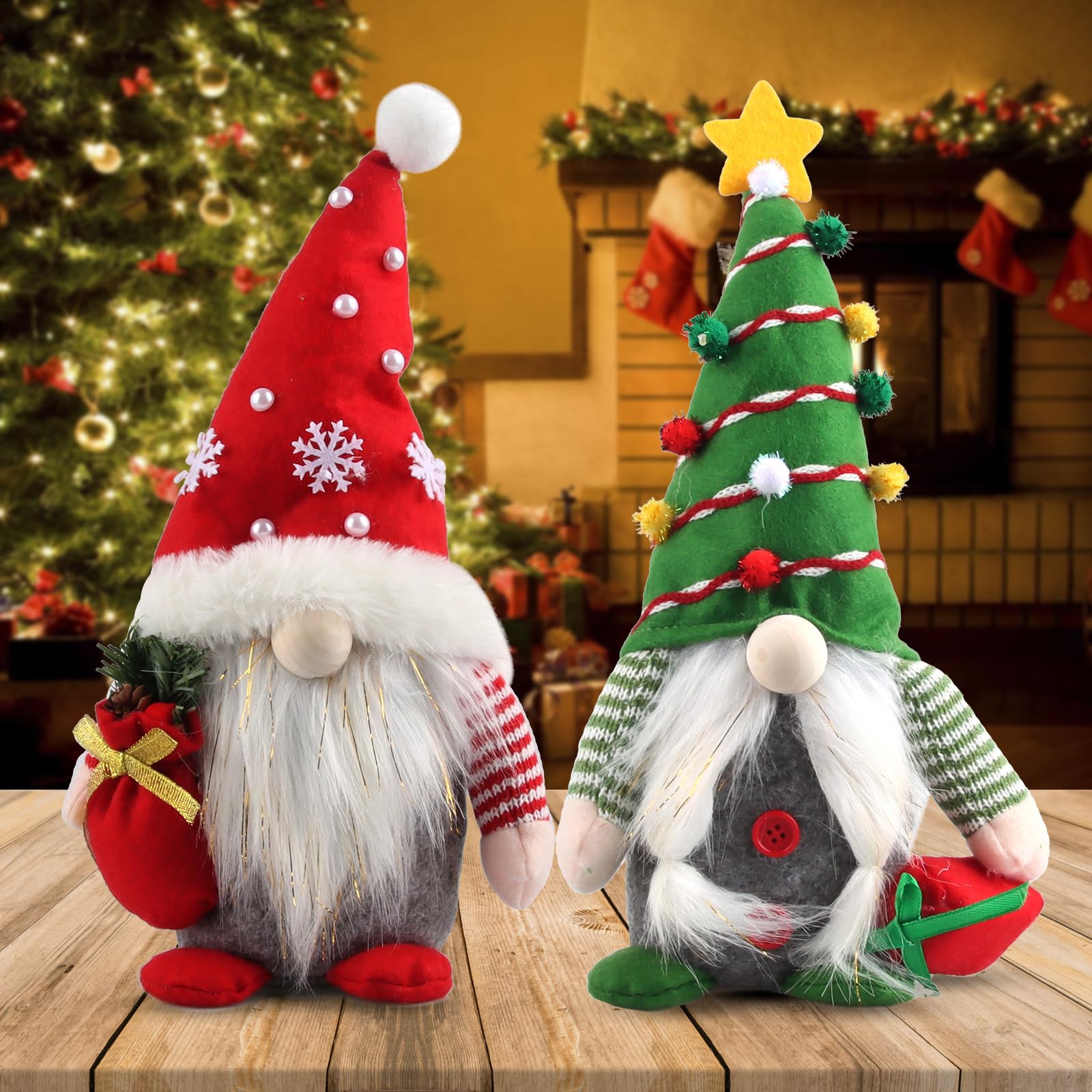 EKKONG 2 PCS Christmas Gnome Swedish, Handmade Scandinavian Tomte Xmas Decor, Gonks Santa Ornament Tomte Elf Dwarf Figurines for Home Holiday Kitchen Farmhouse Tiered Tray