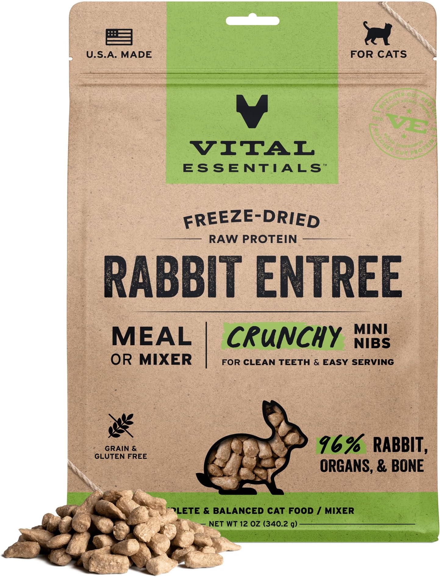 Freeze Dried Cat Food, Raw Rabbit Crunchy Mini Nibs | Complete Meal or Topper | 96% Rabbit, Organs & Bone | Limited Ingredient, High Protein, Grain Free Dry Cat Food | 12 oz Bag